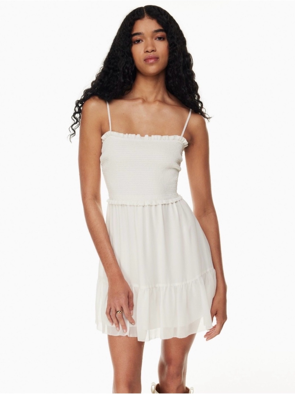 Wilfred White Smocked Bodice Spaghetti Strap Mini Dress